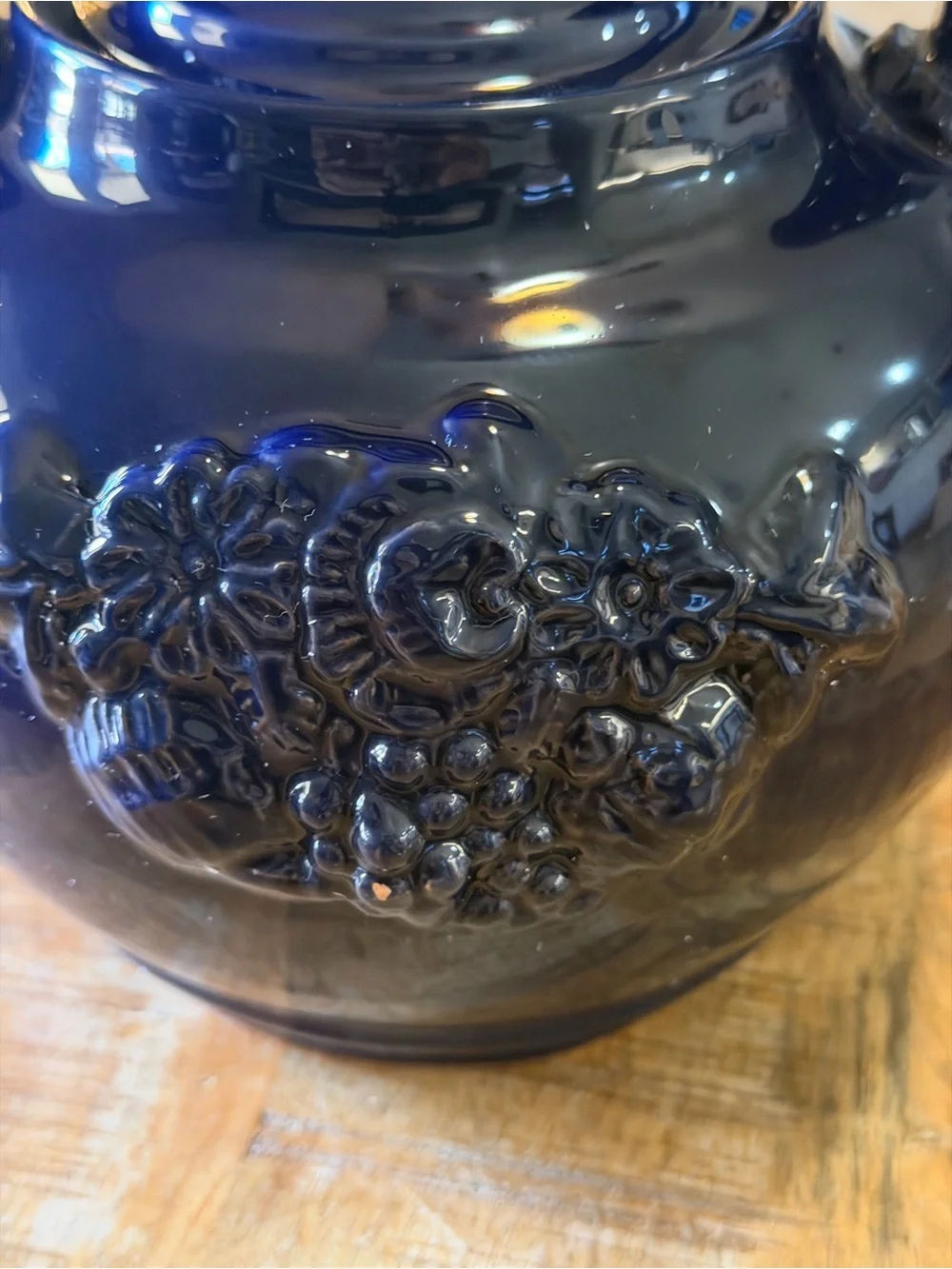 Made in Italy Cobalt Blue Ceramic Teapot Kettle Raised Fruit Floral Decor